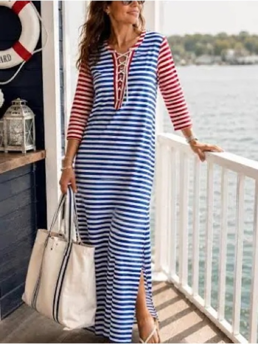 J.Crew Sammie Striped Lace-Up Maxi Dress Baltic Nautical Americana Size S